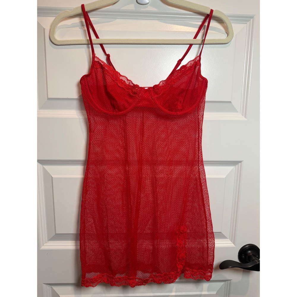 Victoria's Secret Red Mesh Lace Trim Underwire Chemise Slip Dress 34C